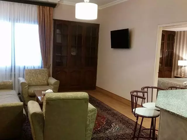 نشیمن اتاق هتل ساحل با مبلمان سبز و تلویزیون
