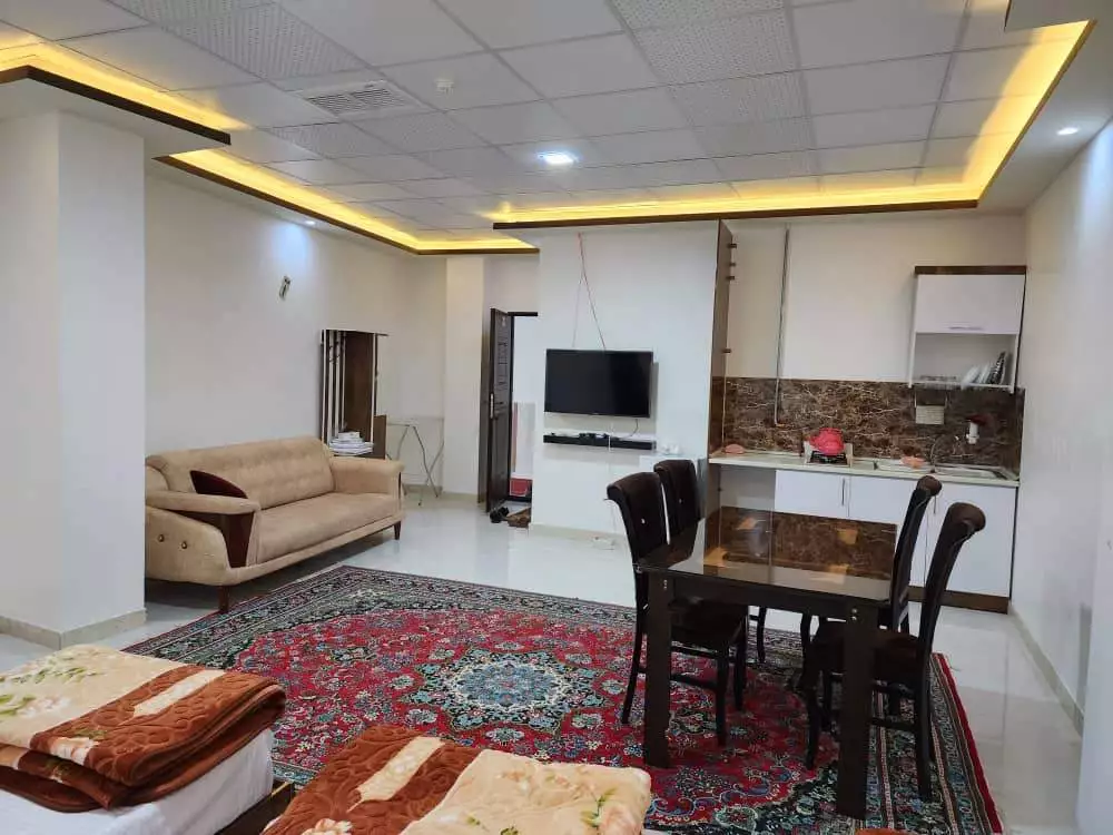 فضای نشیمن متین با مبل، میز غذاخوری و آشپزخانه