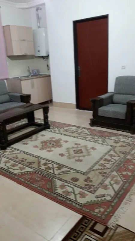 نشیمن آتا با مبلهای طوسی و فرش طرحدار
