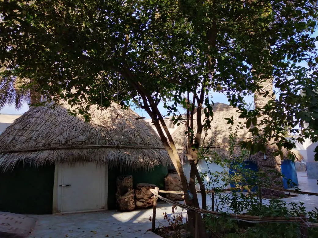 کلبه سقف‌حصیری دنج زیر درختان