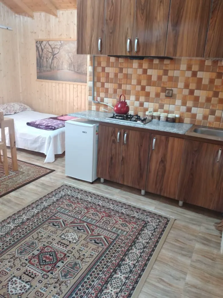 آشپزخانه و تختخواب در فضای چوبی باغ ملک
