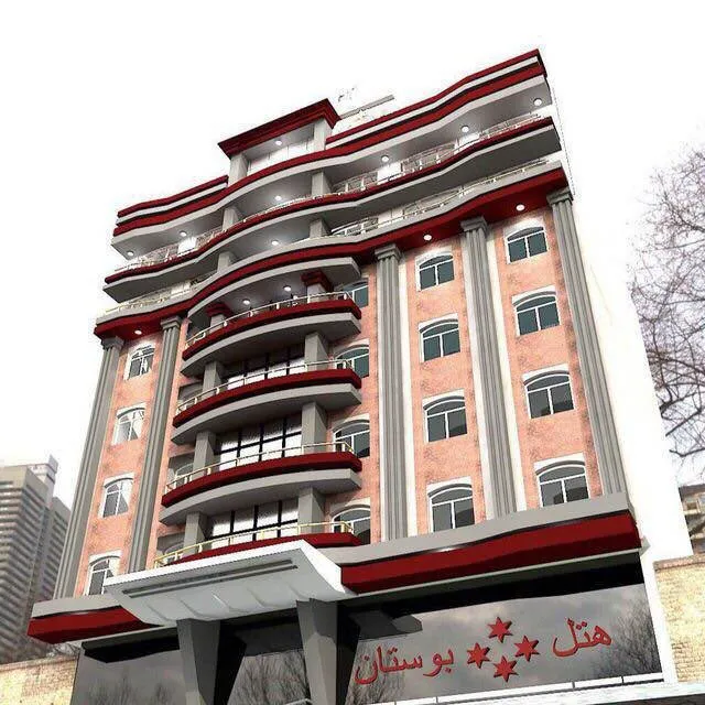 نمای بیرونی هتل بوستان با نمای قرمز و سفید