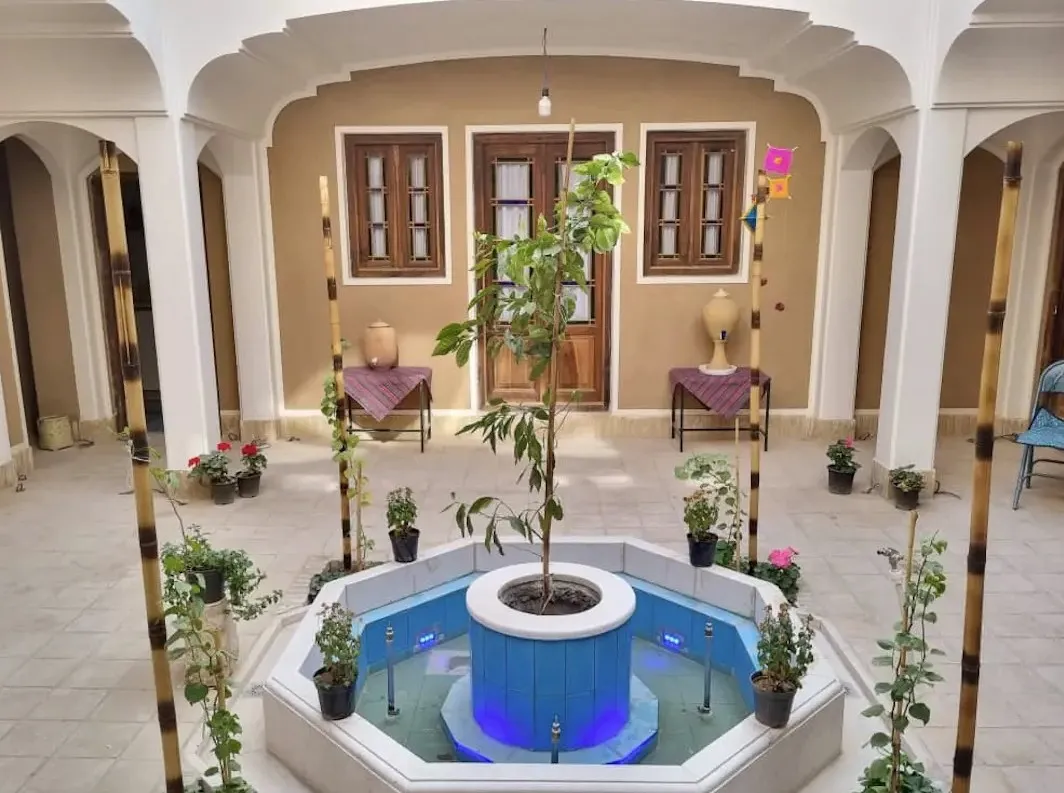 حوض هشت‌ضلعی حیاط خانه خاتون با درختچه مرکزی