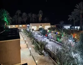 محوطه هتل آقامیرزا با نخل‌ها و مسیرهای روشن در شب