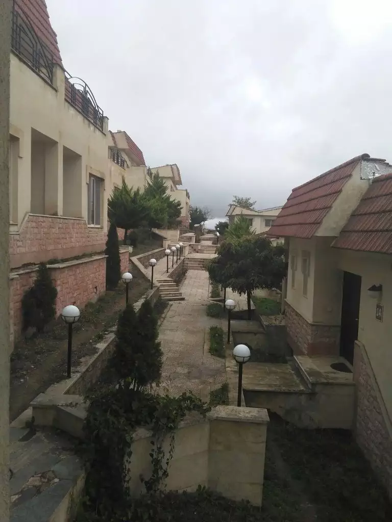 مسیر سنگ‌فرش میان ساختمان‌های باران سبز