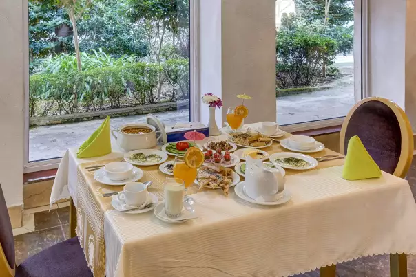 میز صبحانه‌خوری کنار پنجره با منظره فضای سبز