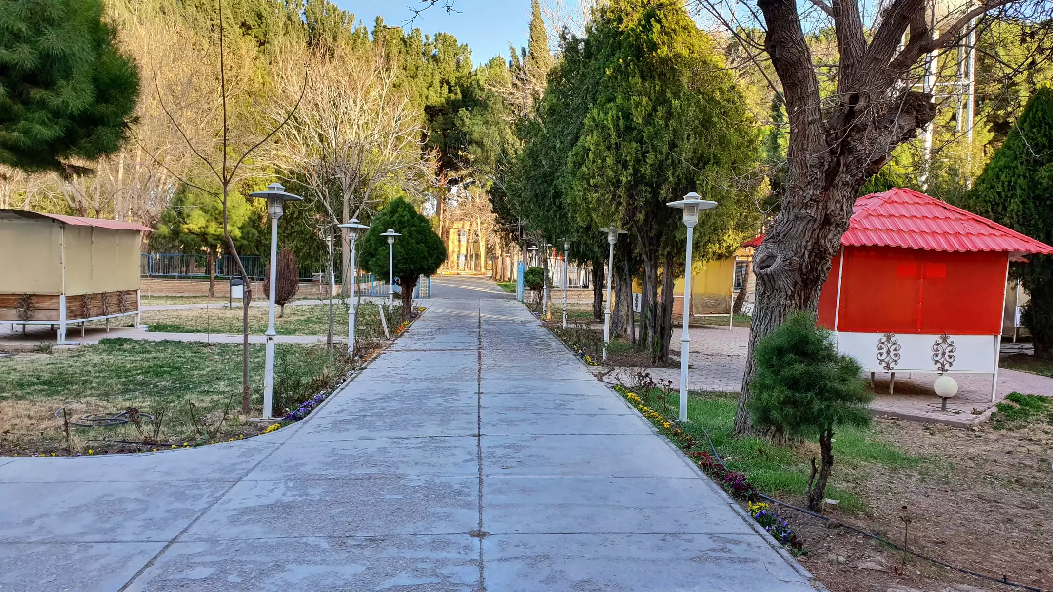 مسیر سنگ‌فرش‌شده میان درختان هتل جهانگردی