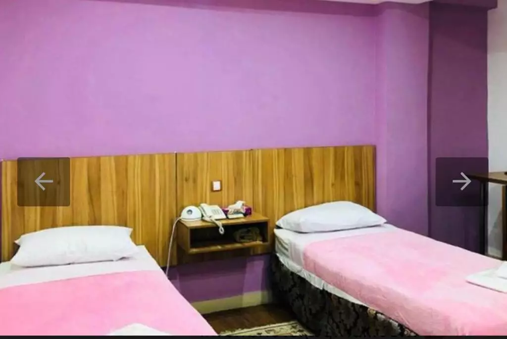 دو تخت یکنفره با روتختی صورتی در هتل فروغ