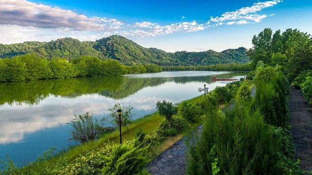 مسیر سنگ‌فرش کنار دریاچه و جنگل‌های سرسبز بین‌المللی اسپیناس