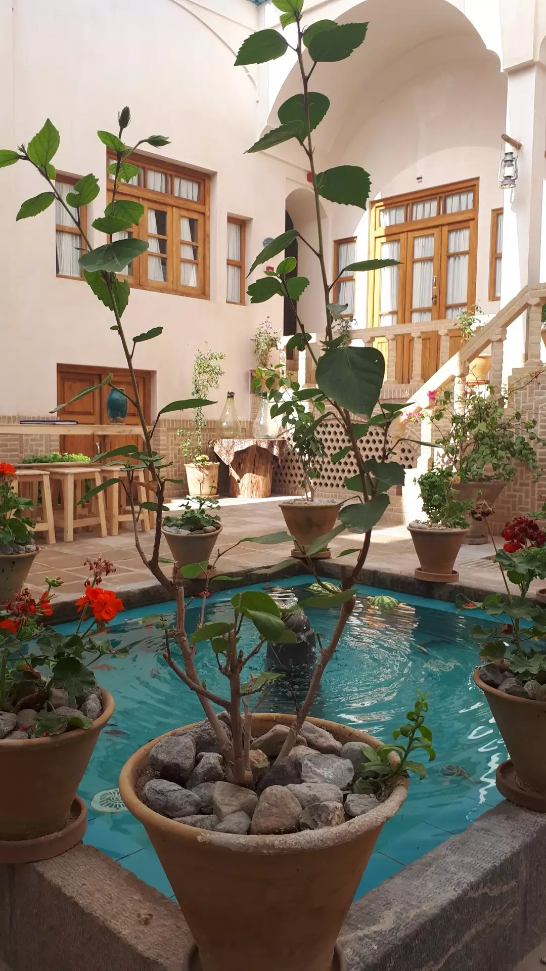 حیاط کاشانه روشن با حوض و گلدان‌های گیاه