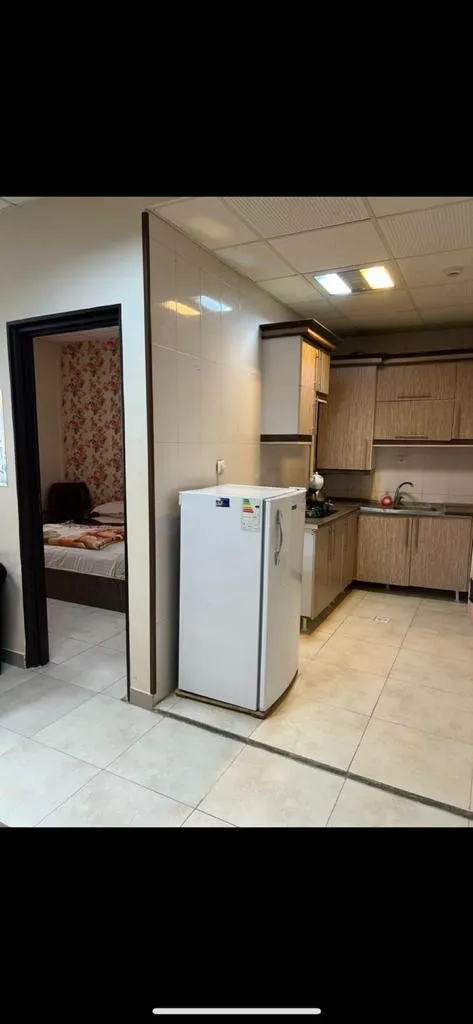 حسین؛ آشپزخانه با یخچال و کابینت چوبی
